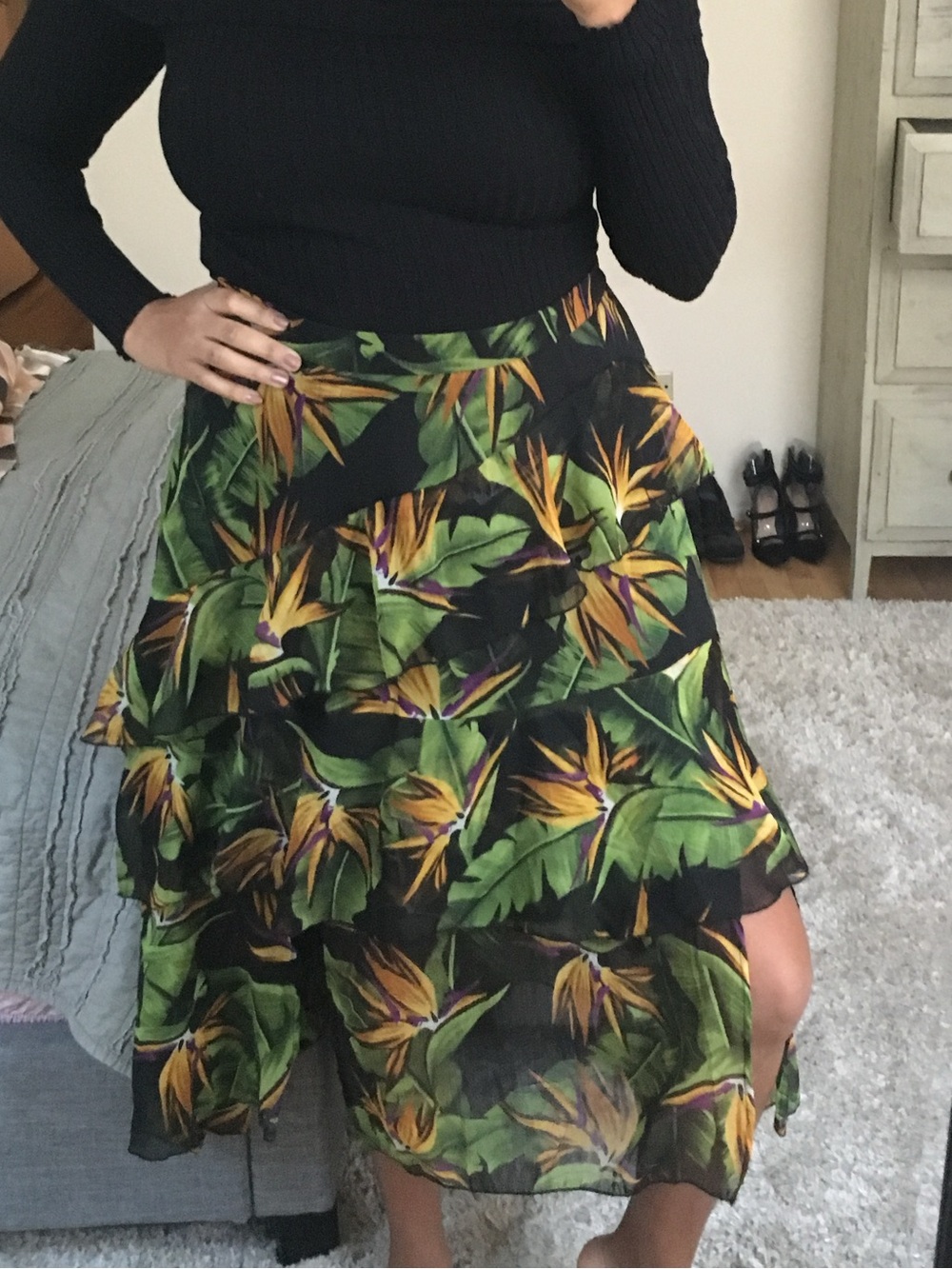 ASOS Black High-Low Tiered Skirt with Green & Yellow Tropical Leaf Print